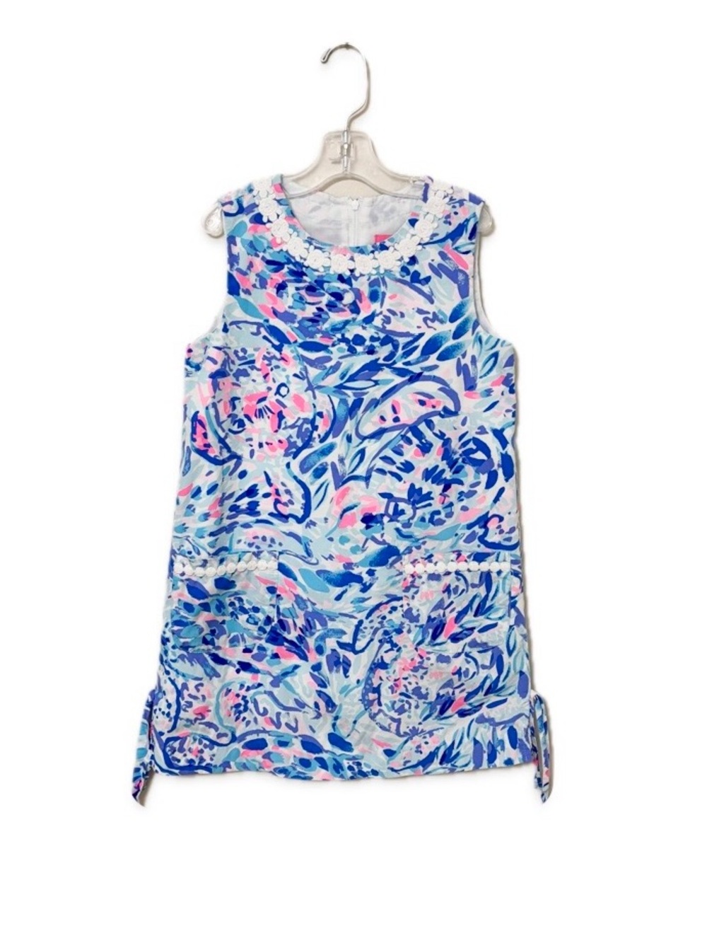 Lilly Pulitzer Girls Size 8 Sleeveless Shift Dress Blue Pink Floral Lace Trim